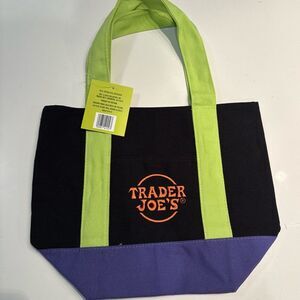 Trader Joe's Black and Purple Mini Canvas Tote Bag with Green Handles